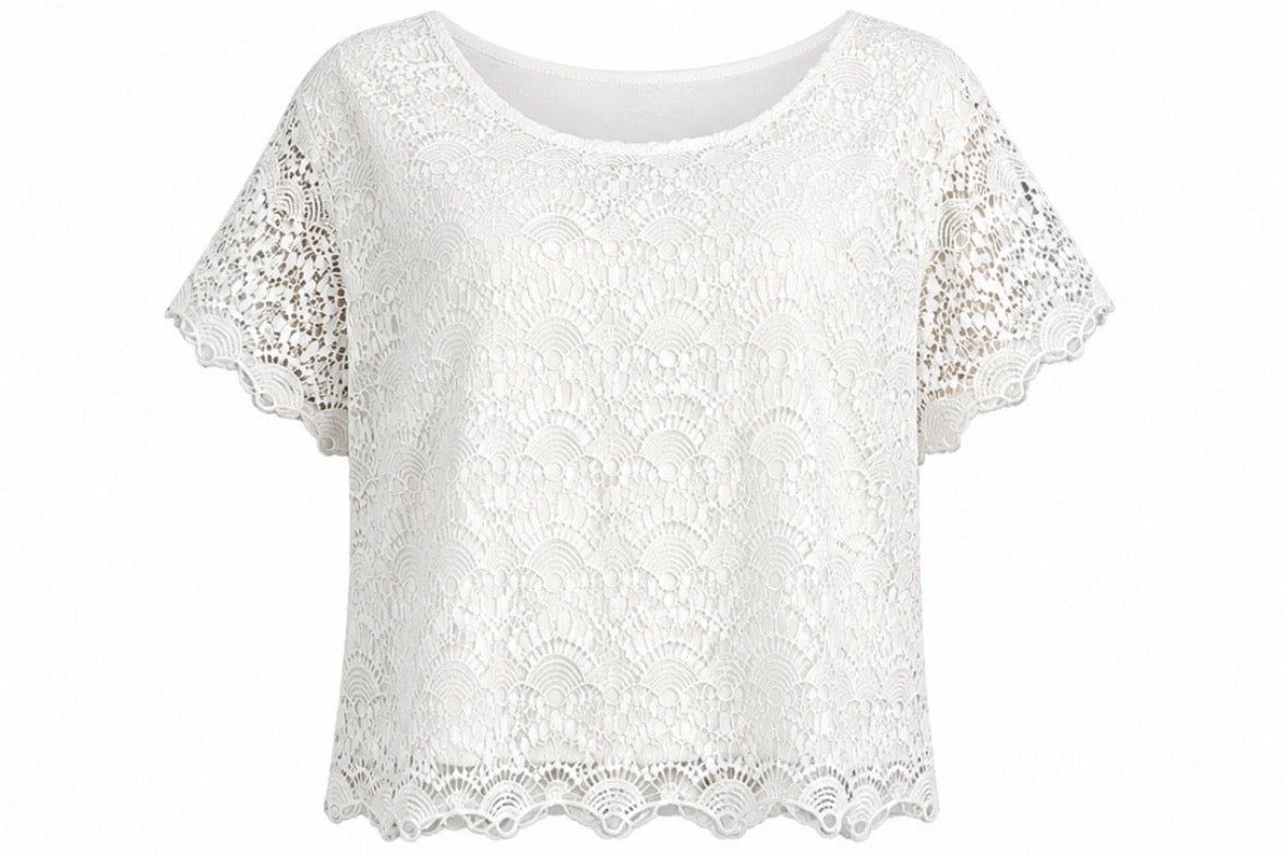 White Lace Front Short Sleeve Top