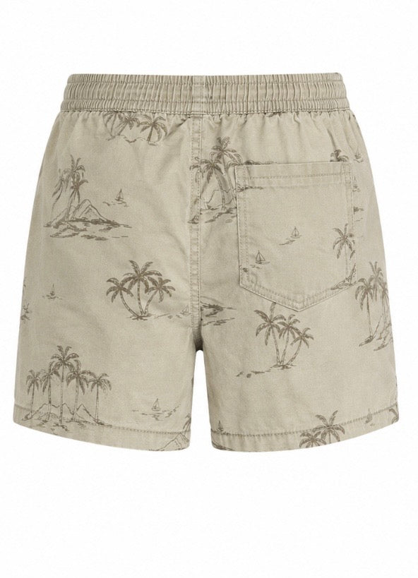 Beige Tropical Print Drawstring Shorts