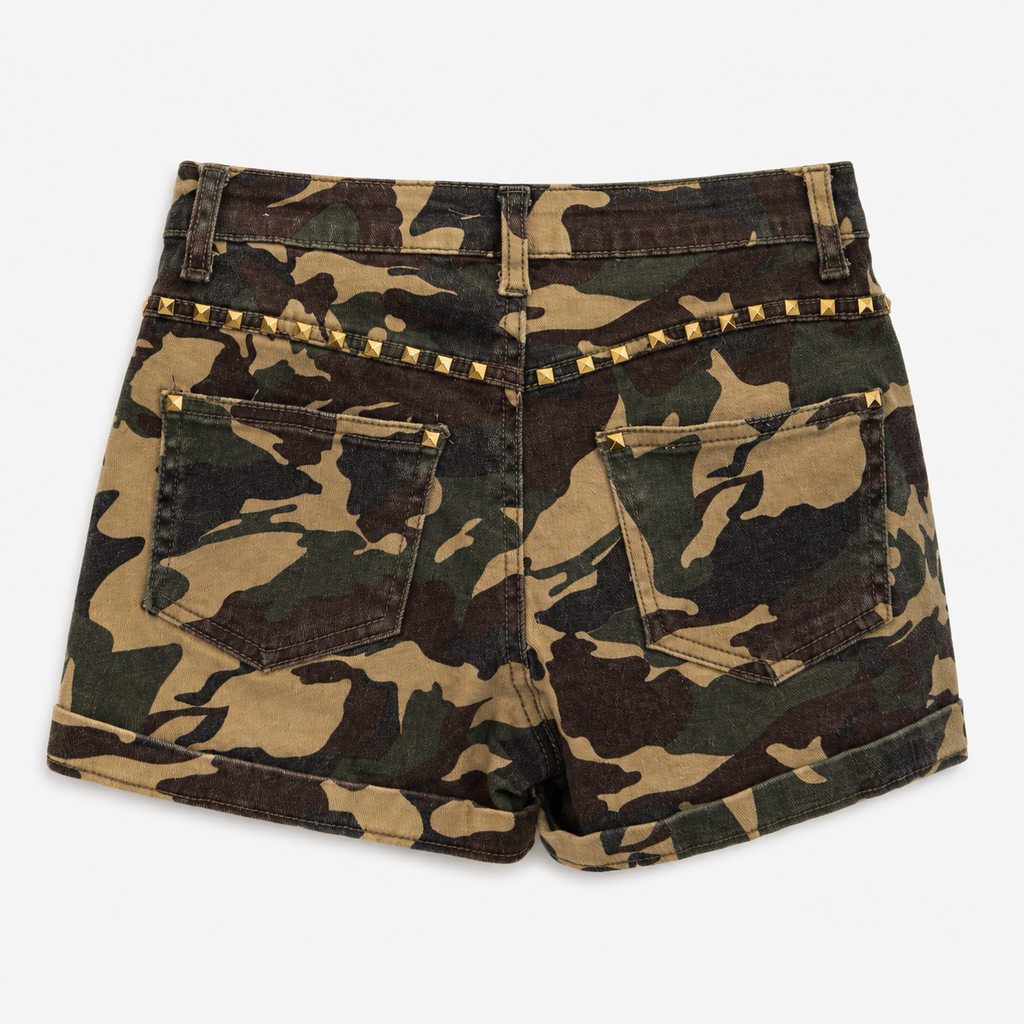 Studded Camo Denim Shorts