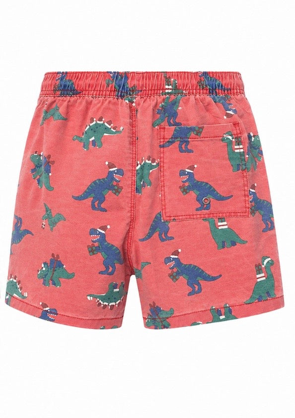Red Christmas Dinosaur Print Shorts