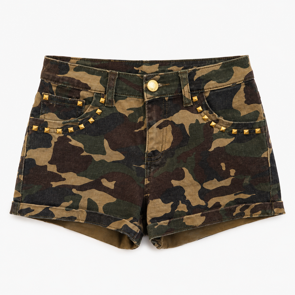 Studded Camo Denim Shorts