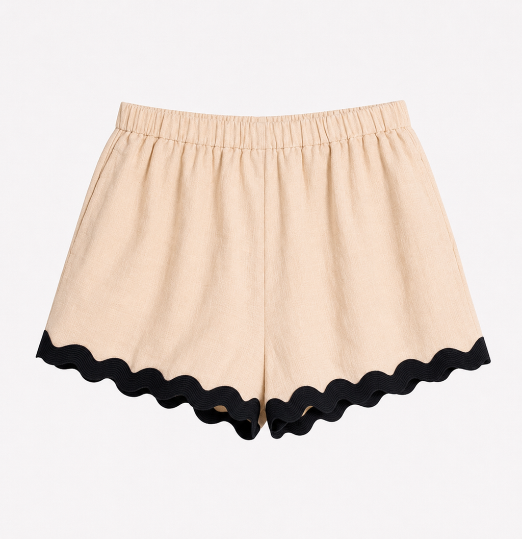 Beige Scallop Trim Shorts