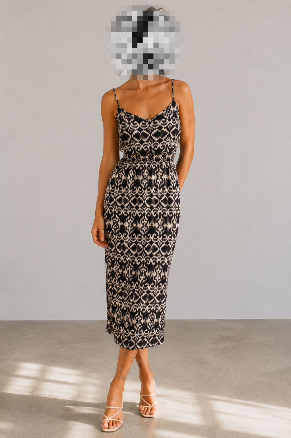 Black & Cream Printed Midi Dress
