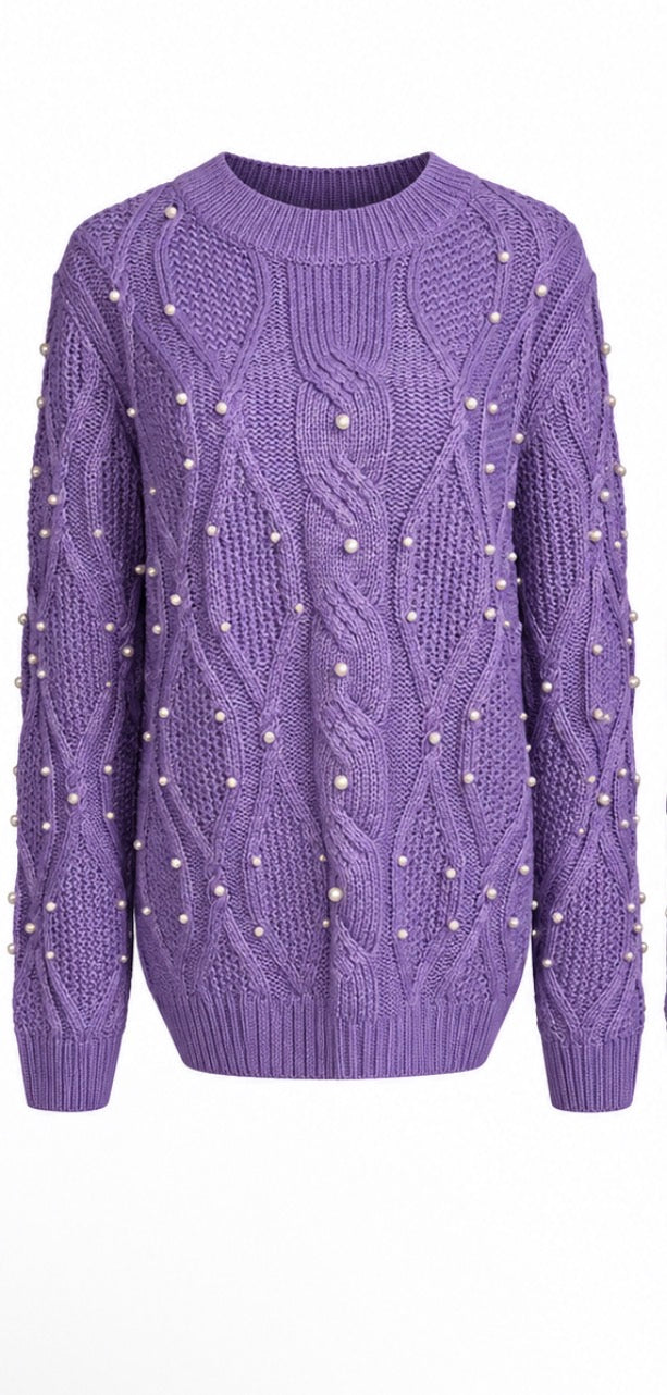 Purple Pearl Detail Cable Knit Jumper
