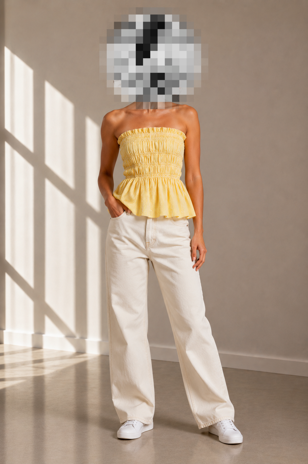 Yellow Shirred Peplum Top