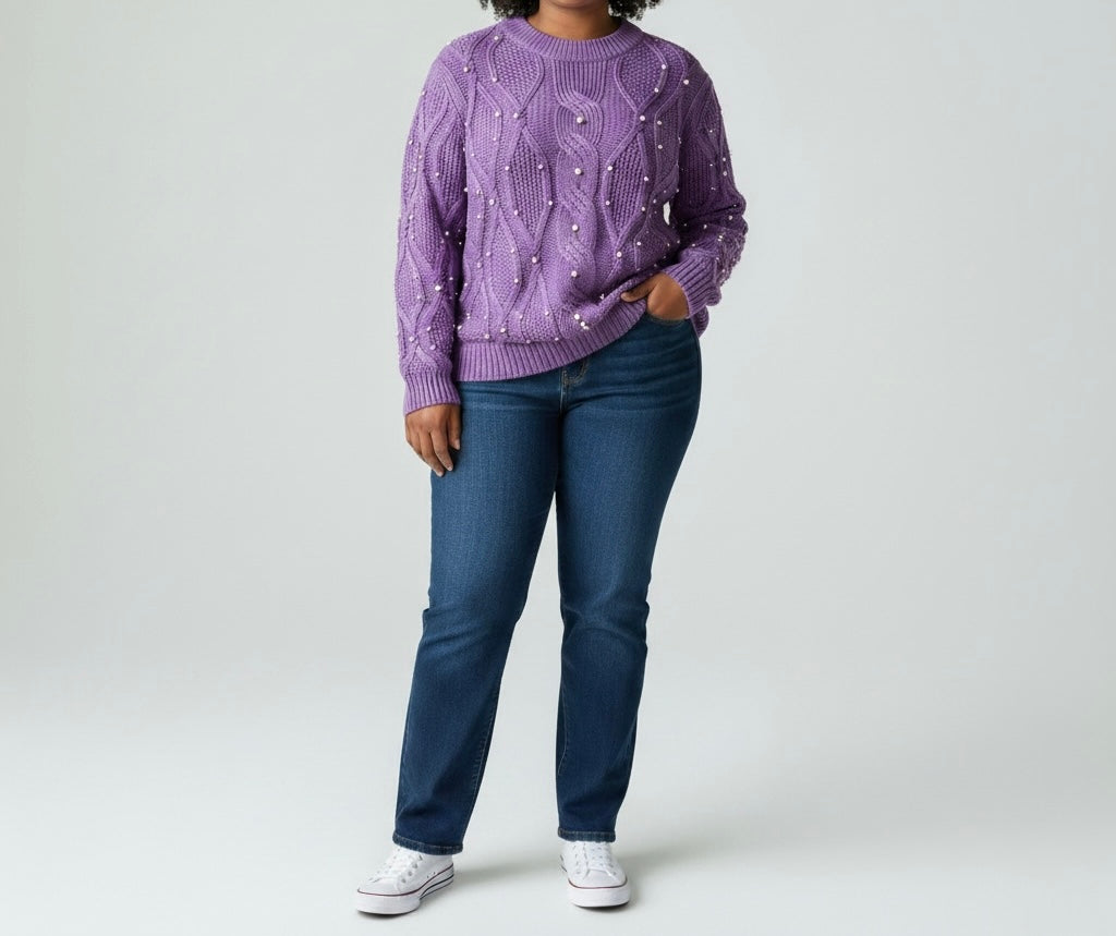 Purple Pearl Detail Cable Knit Jumper