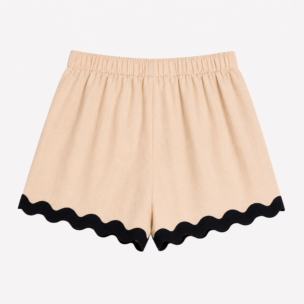 Beige Scallop Trim Shorts