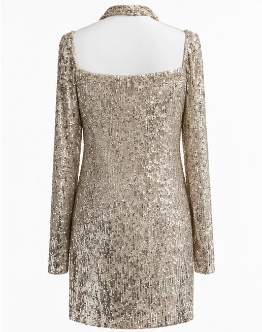 Luxe Silver Sequin Long Sleeve Mini Dress