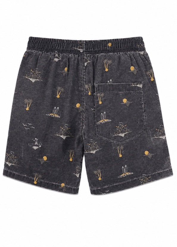 Black Tropical Print Drawstring Shorts