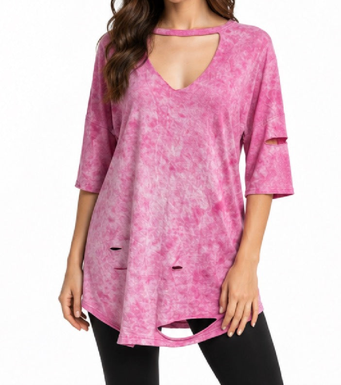 Pink Distressed Cut Out T Shirt Dress