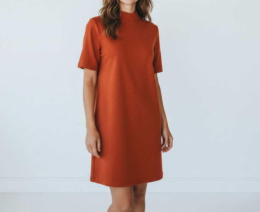 Burnt Orange High Neck Shift Dress