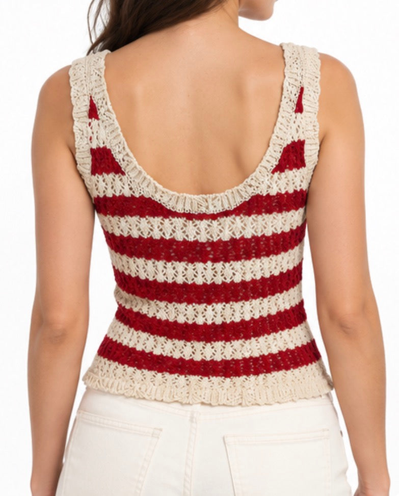 Red & Cream Striped Crochet Singlet