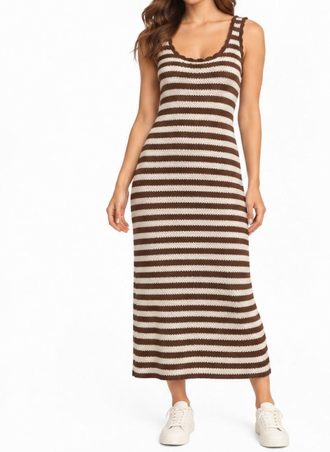 Brown & Cream Striped Knit Maxi Dress