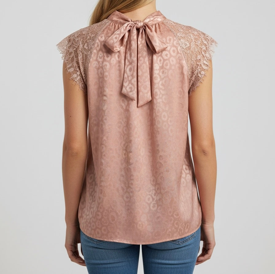 Blush Pink Leopard Print Lace Sleeve Top