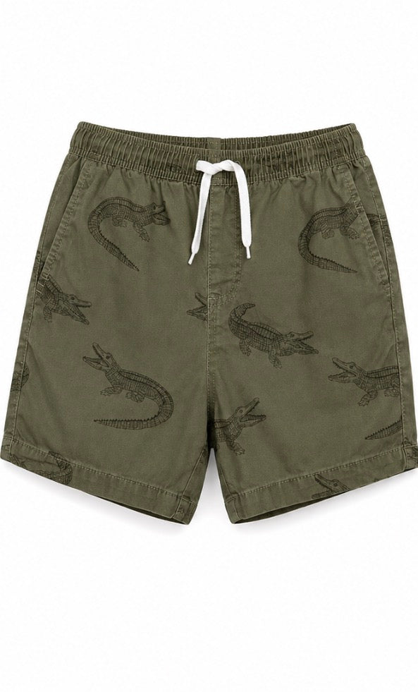 Olive Green Crocodile Print Drawstring Shorts
