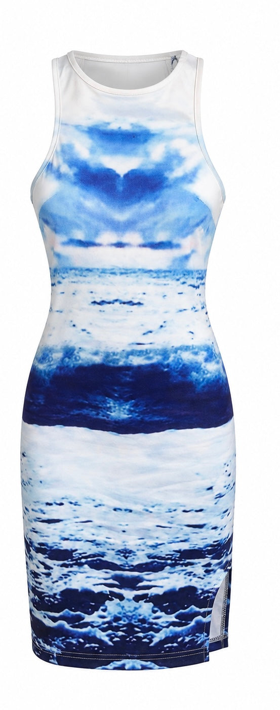 Blue Ocean Print Bodycon Dress