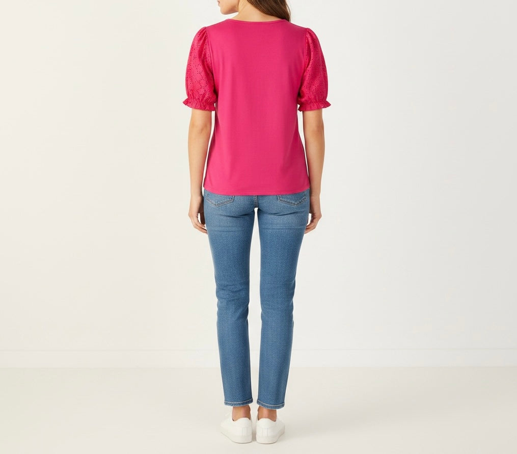 Fuchsia Pink Eyelet Sleeve Button-Up Top