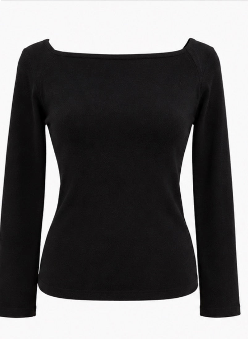Black Boat Neck Long Sleeve Top