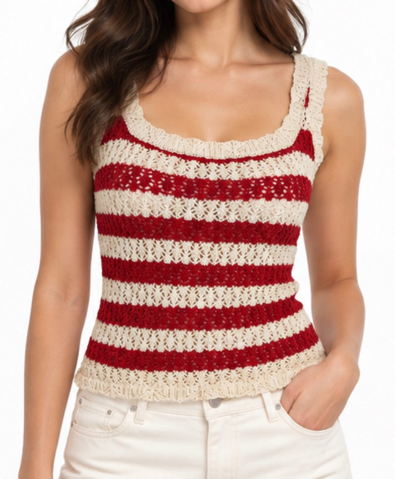 Red & Cream Striped Crochet Singlet