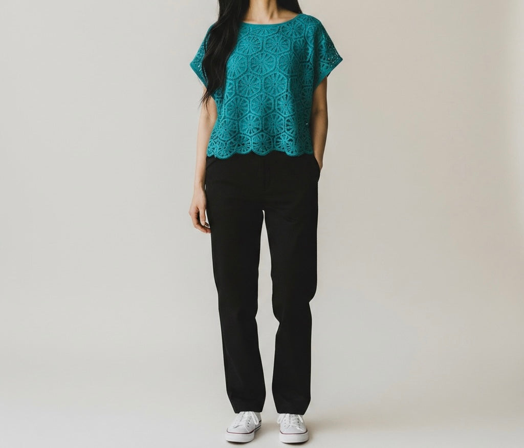 Teal Crochet Front Short Sleeve Top