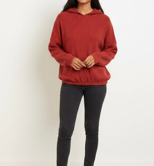 Rust Ribbed Cropped Hoodie