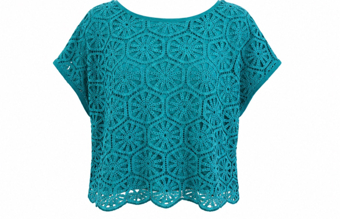 Teal Crochet Front Short Sleeve Top