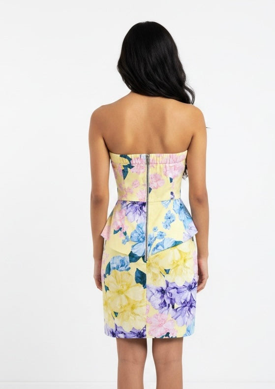 Yellow Floral Strapless Peplum Dress