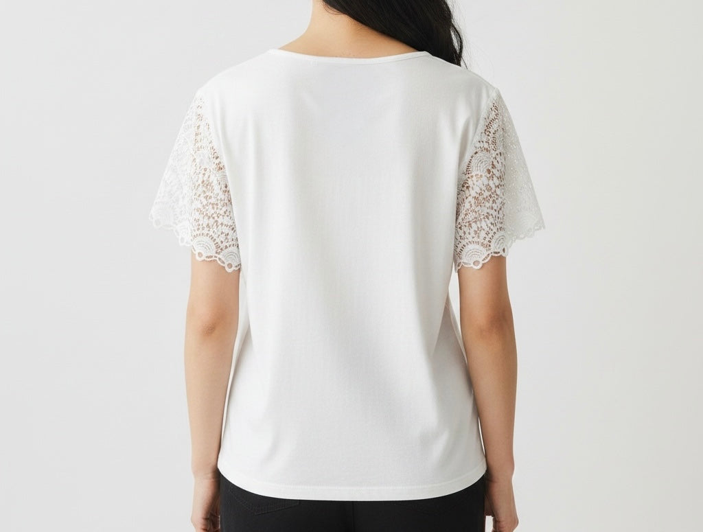 White Lace Front Short Sleeve Top