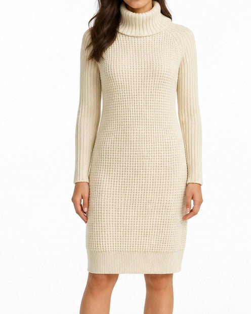 Cream Chunky Knit Turtleneck Dress