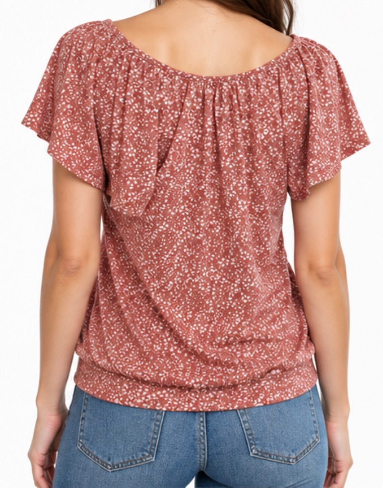 Dusty Rose Printed Flutter Sleeve Top