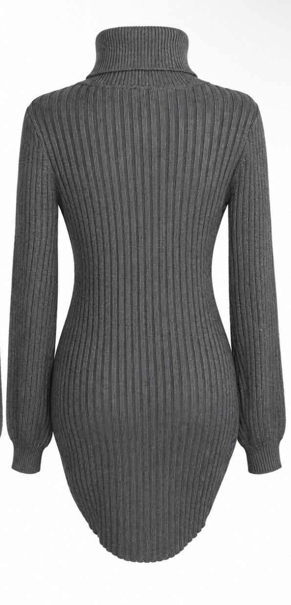 Grey Ribbed Turtleneck Knit Dress
