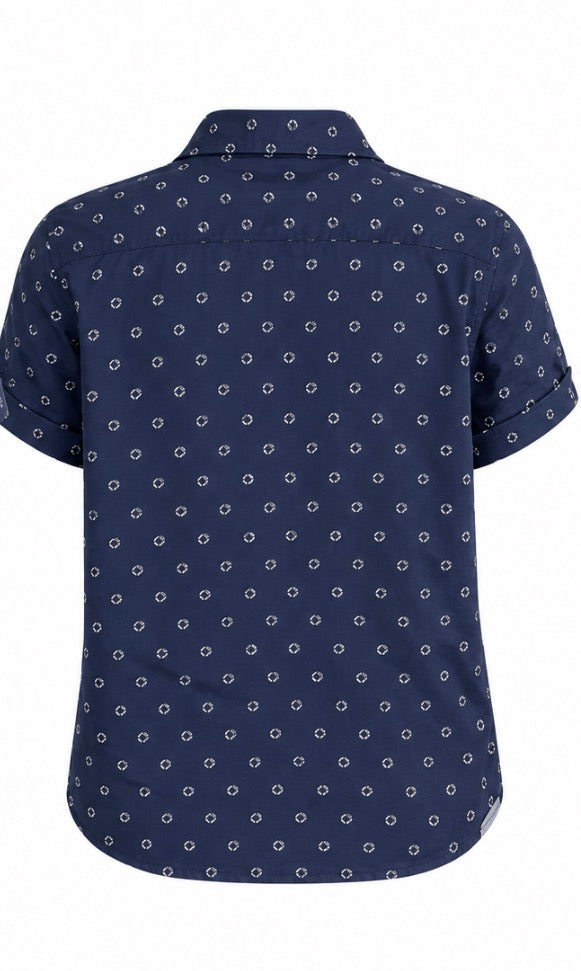 Navy Patterned Short Sleeve Button Up Shirt