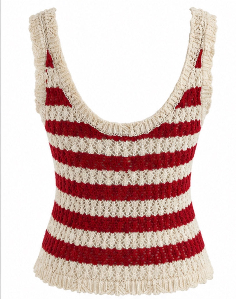 Red & Cream Striped Crochet Singlet