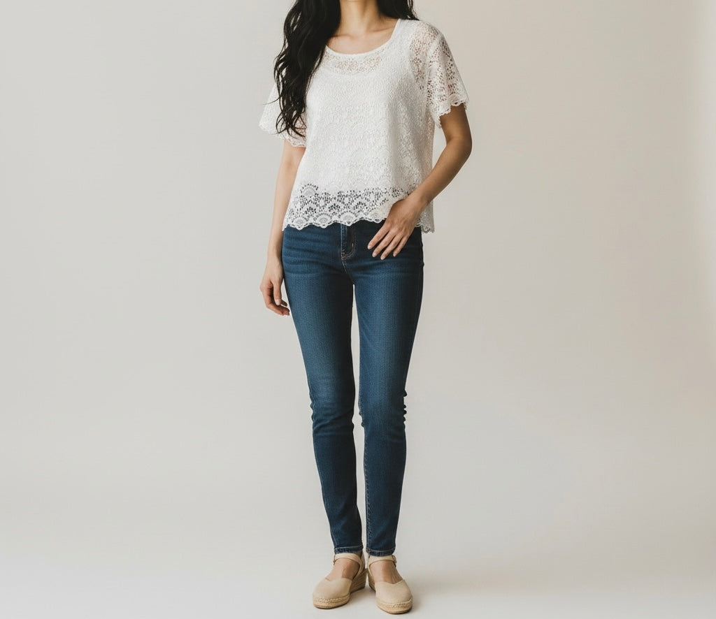 White Lace Front Short Sleeve Top