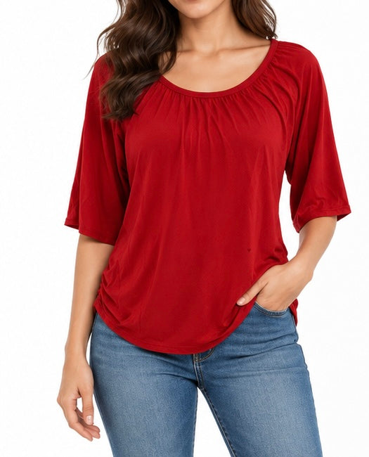 Red Gathered Neckline Top
