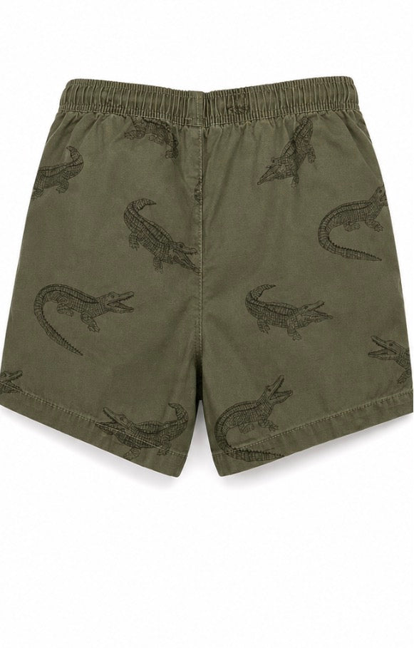 Olive Green Crocodile Print Drawstring Shorts