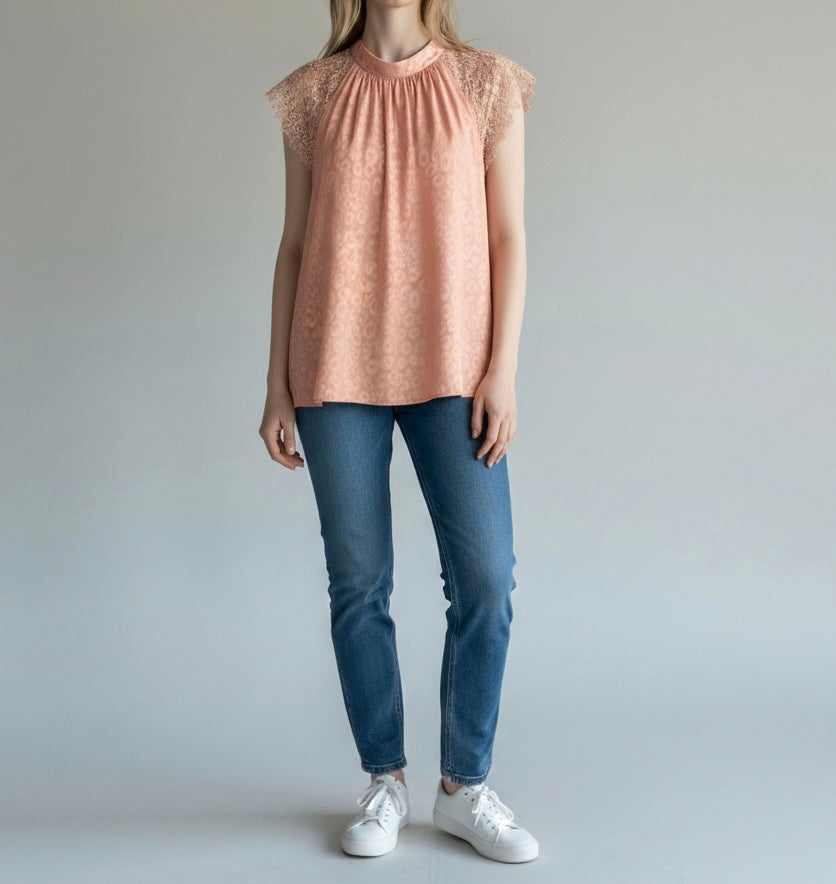 Blush Pink Leopard Print Lace Sleeve Top