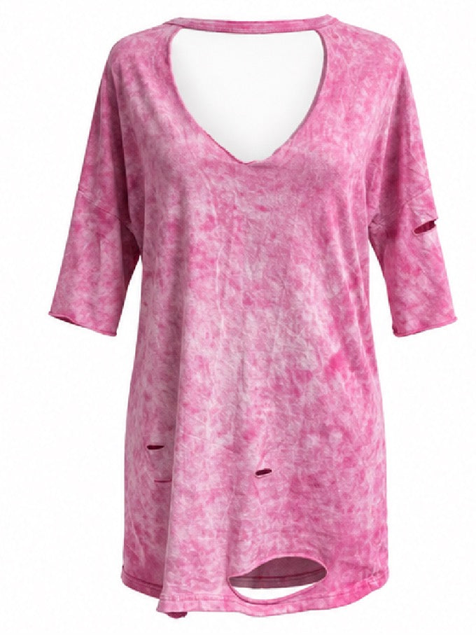 Pink Distressed Cut Out T Shirt Dress