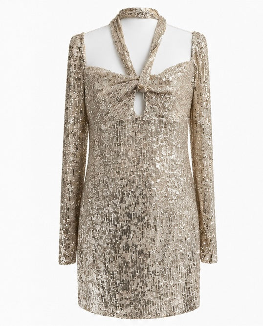 Luxe Silver Sequin Long Sleeve Mini Dress