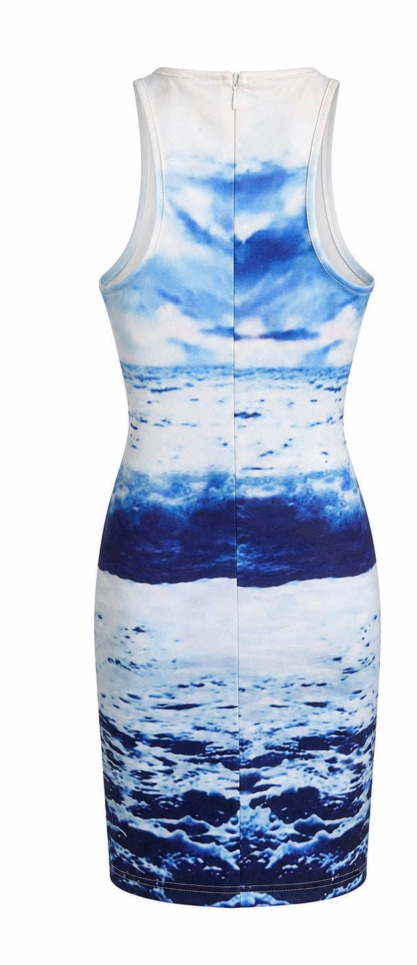 Blue Ocean Print Bodycon Dress
