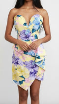 Yellow Floral Strapless Peplum Dress