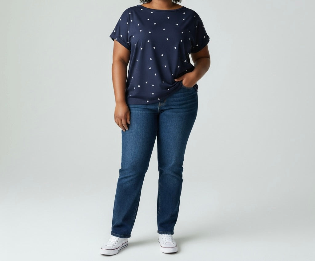 Navy Heart Print Relaxed Top