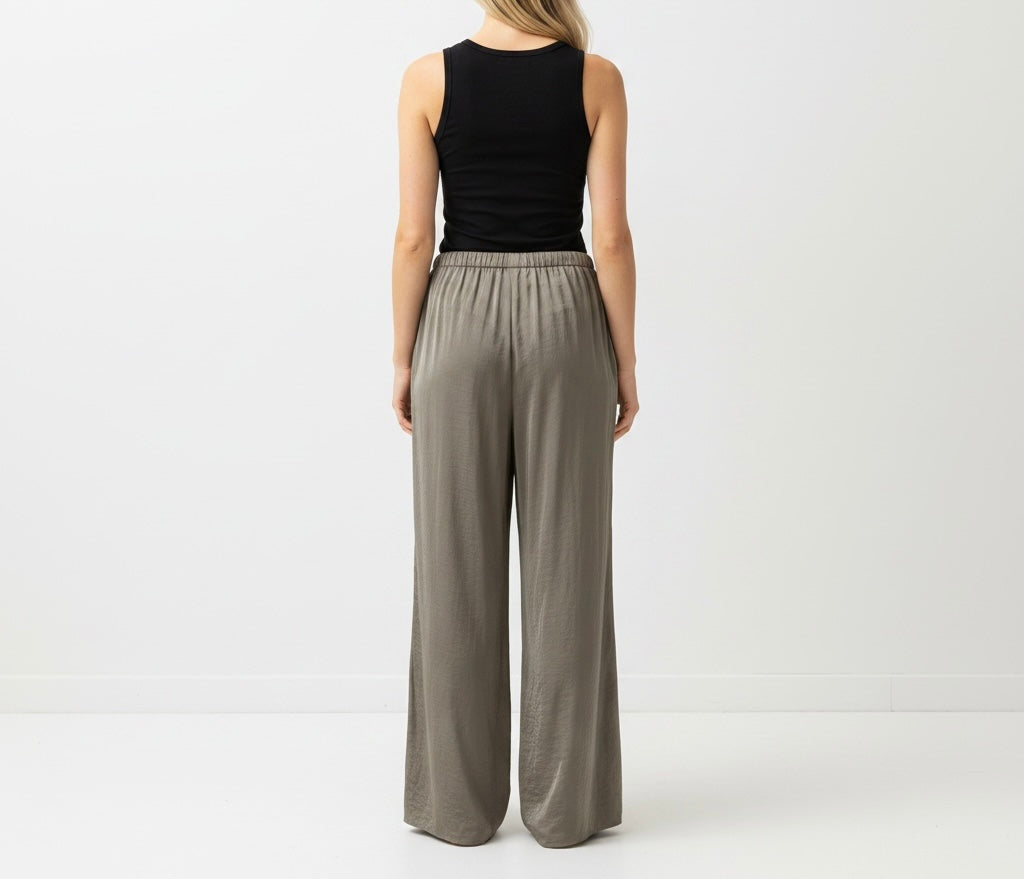 Khaki Satin Wide Leg Pants