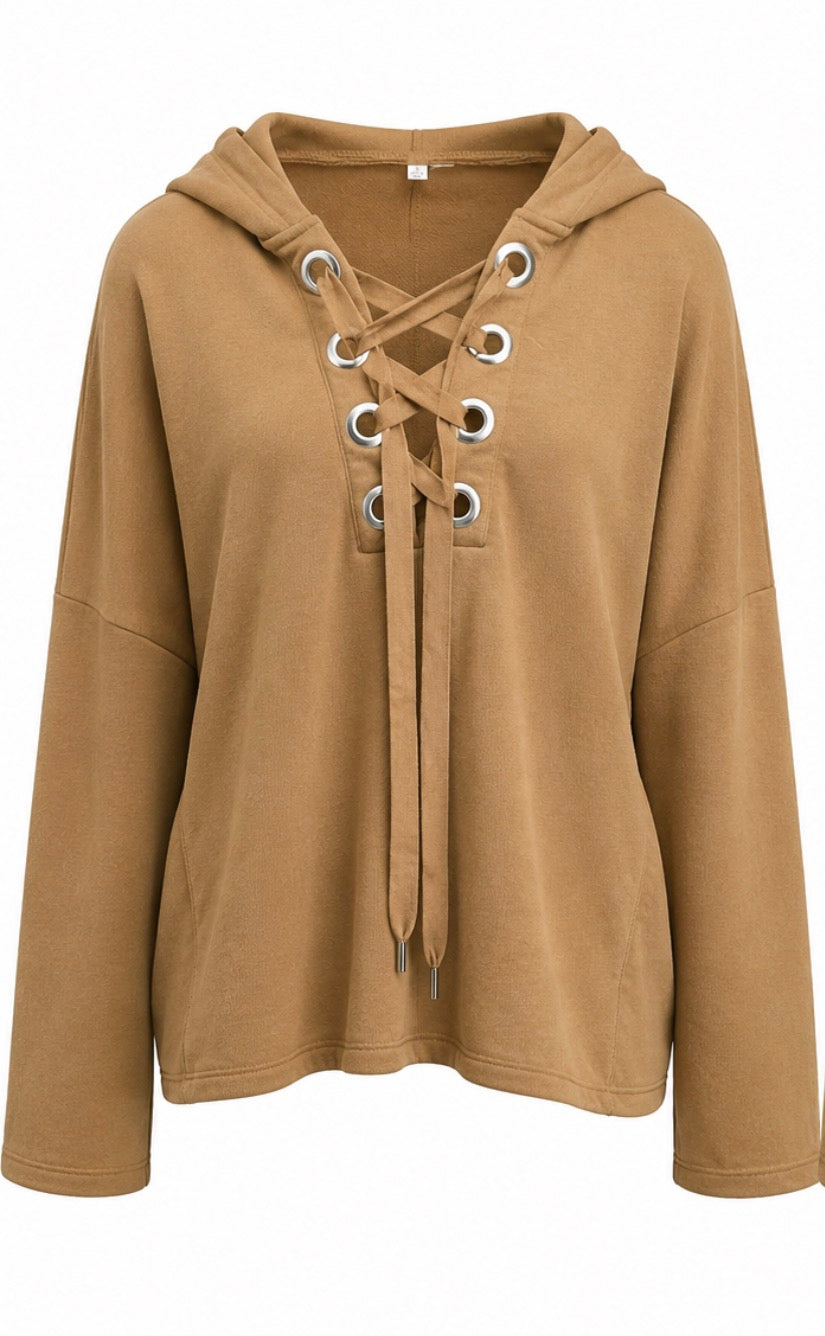 Camel Lace Up Hoodie