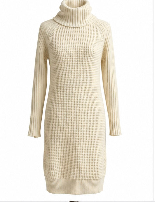 Cream Chunky Knit Turtleneck Dress