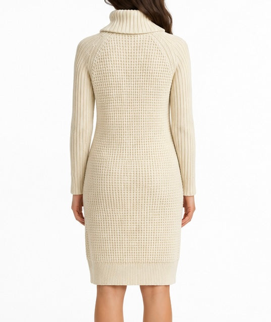 Cream Chunky Knit Turtleneck Dress
