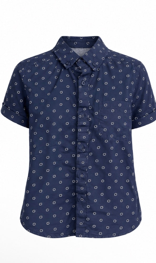 Navy Patterned Short Sleeve Button Up Shirt