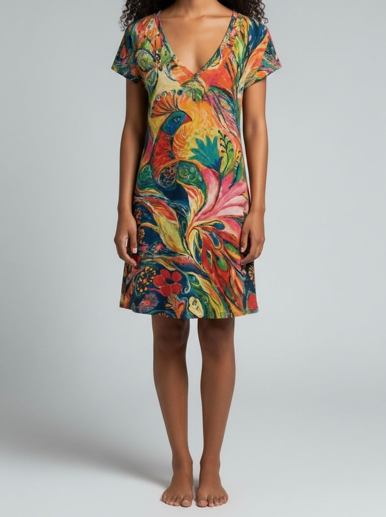 Colourful Abstract Bird Print Dress