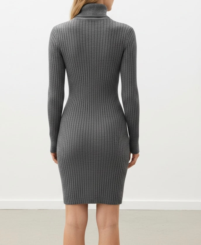 Grey Ribbed Turtleneck Knit Dress