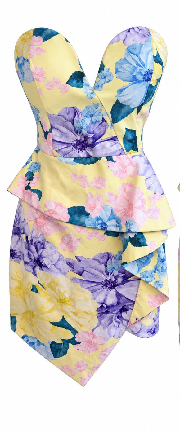 Yellow Floral Strapless Peplum Dress